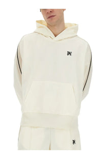 Cream-colored Palm Angels men’s monogram sweatshirt with black sleeve piping and small embroidered chest logo