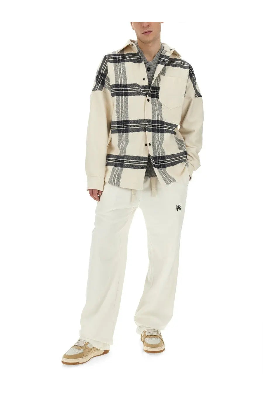 Palm Angels men’s overshirt check white beige and black plaid hooded button-up shirt with relaxed fit