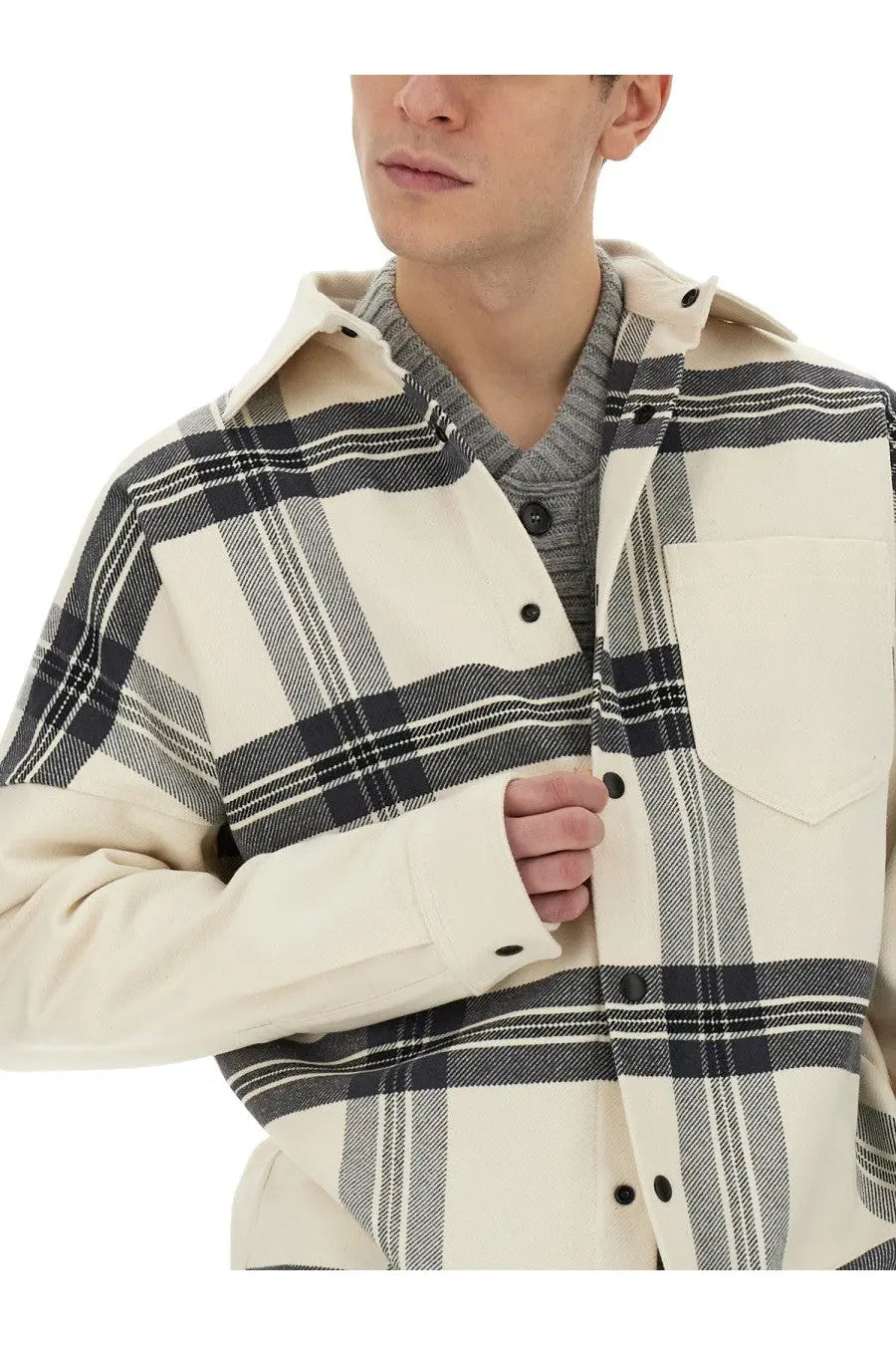 Palm angels men’s overshirt check white cream and black plaid flannel shirt with hood button closures and chest pocket