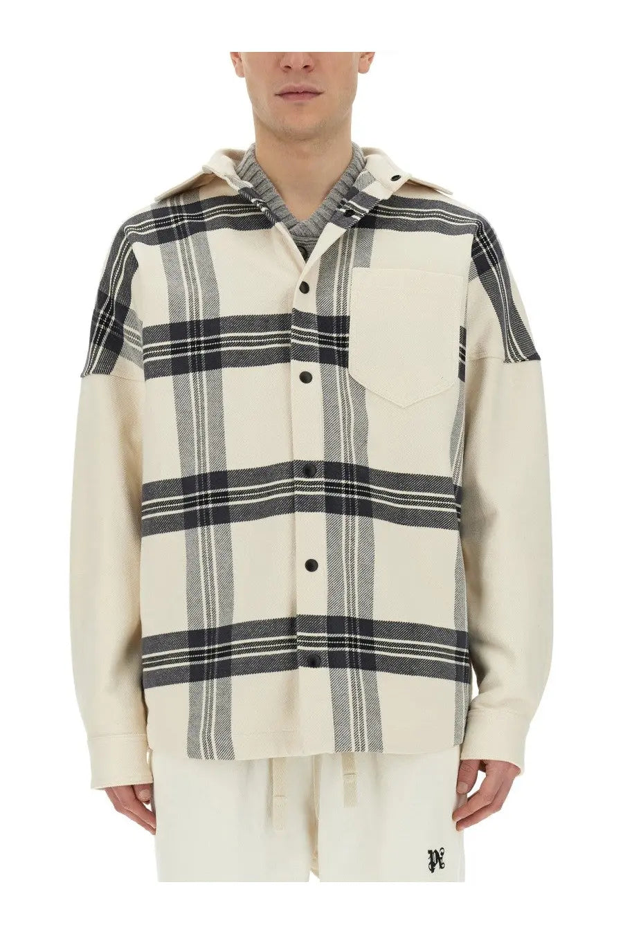 Palm Angels men’s overshirt check white cream and black plaid hooded shirt with solid contrasting sleeves and button front