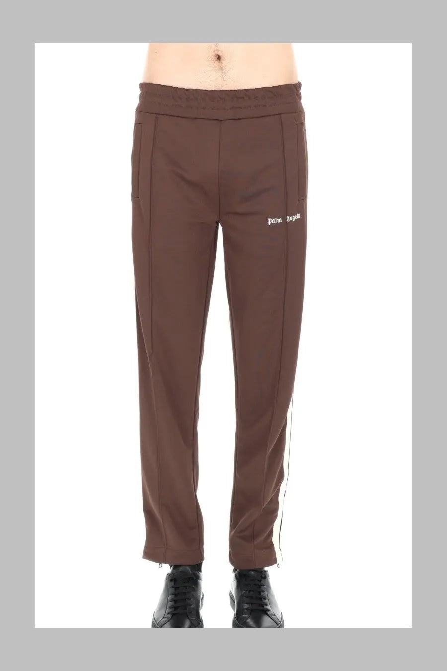 Palm Angels men’s pantalone track classic brown pants with white side stripes and embroidered logo on the thigh