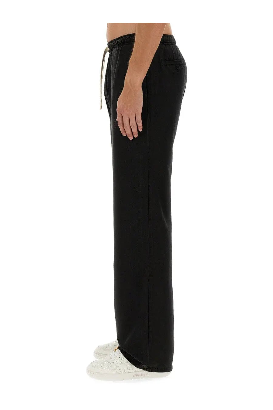 Palm Angels men’s black drawstring trousers with relaxed fit and subtle side seam detailing