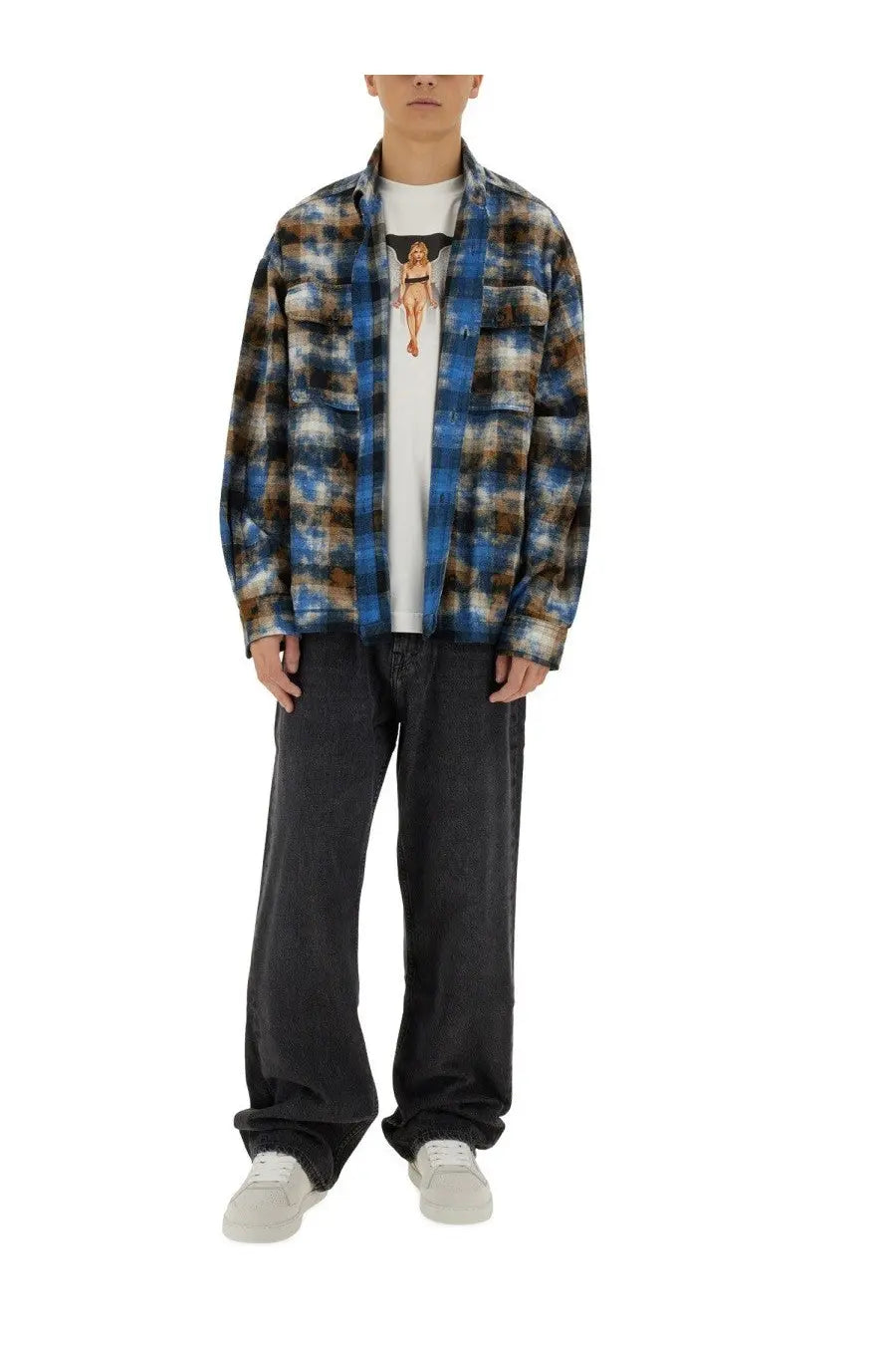 Palm Angels men’s multicolor plaid flannel shirt in blue brown and black with graphic print on the chest