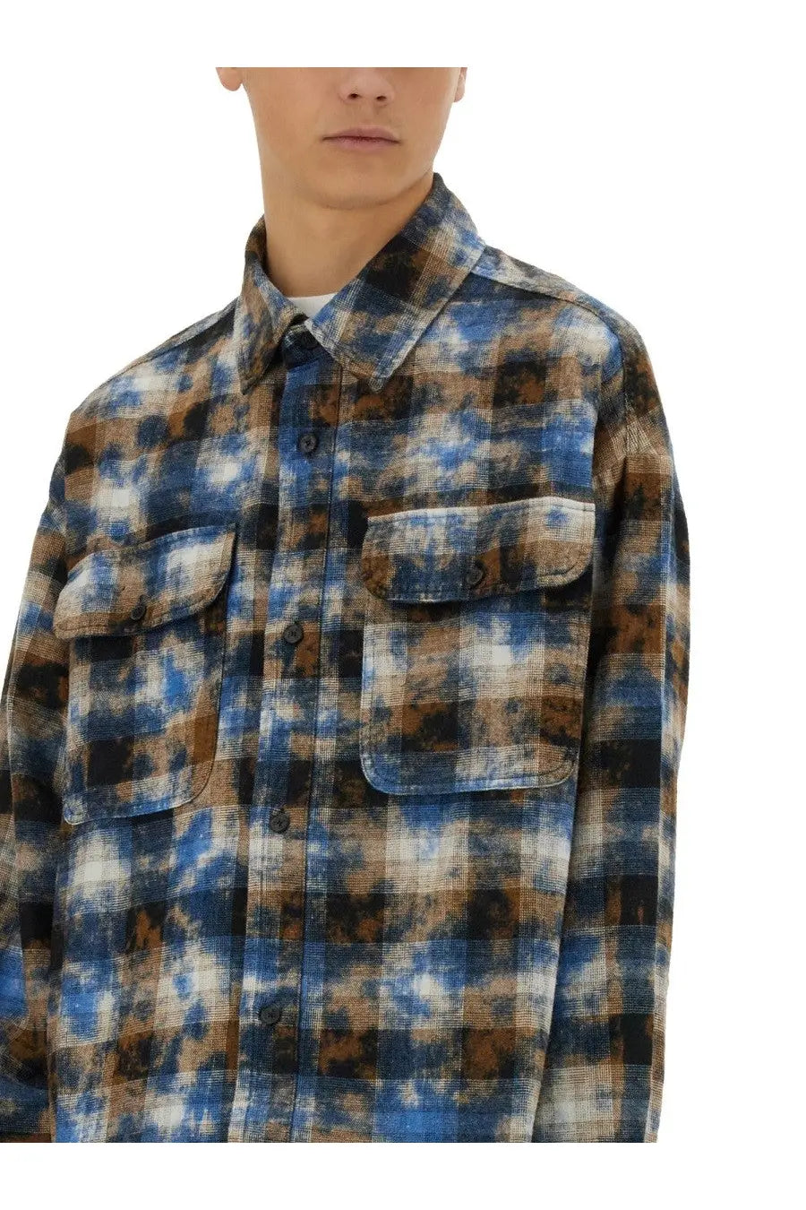 Palm Angels men’s plaid shirt in blue brown and black tie-dye flannel with two chest pockets