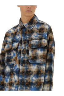 Palm Angels men’s plaid shirt in blue brown and black tie-dye flannel with two chest pockets