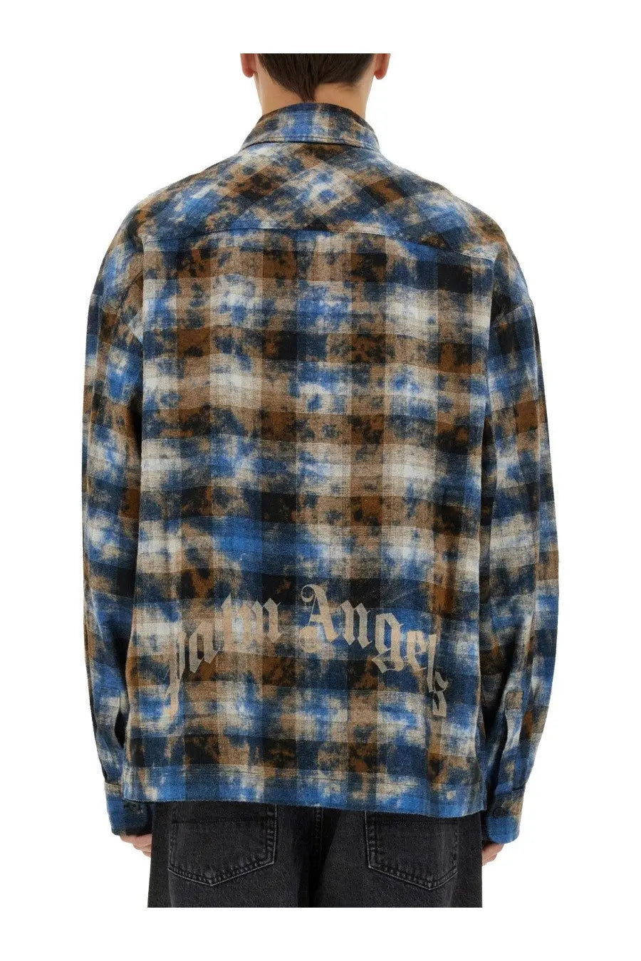 Back side of palm angels men’s multicolor blue and brown tie-dye plaid long-sleeve shirt with logo across back