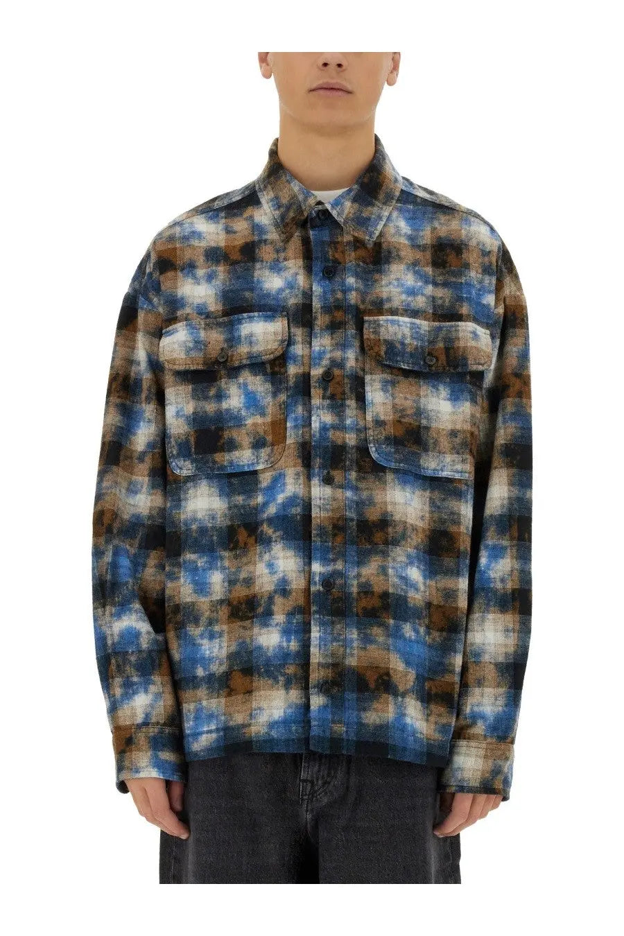 Palm angels men’s plaid shirt multicolor blue brown and white tie-dye flannel with two chest pockets