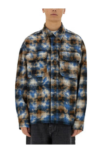 Palm angels men’s plaid shirt multicolor blue brown and white tie-dye flannel with two chest pockets