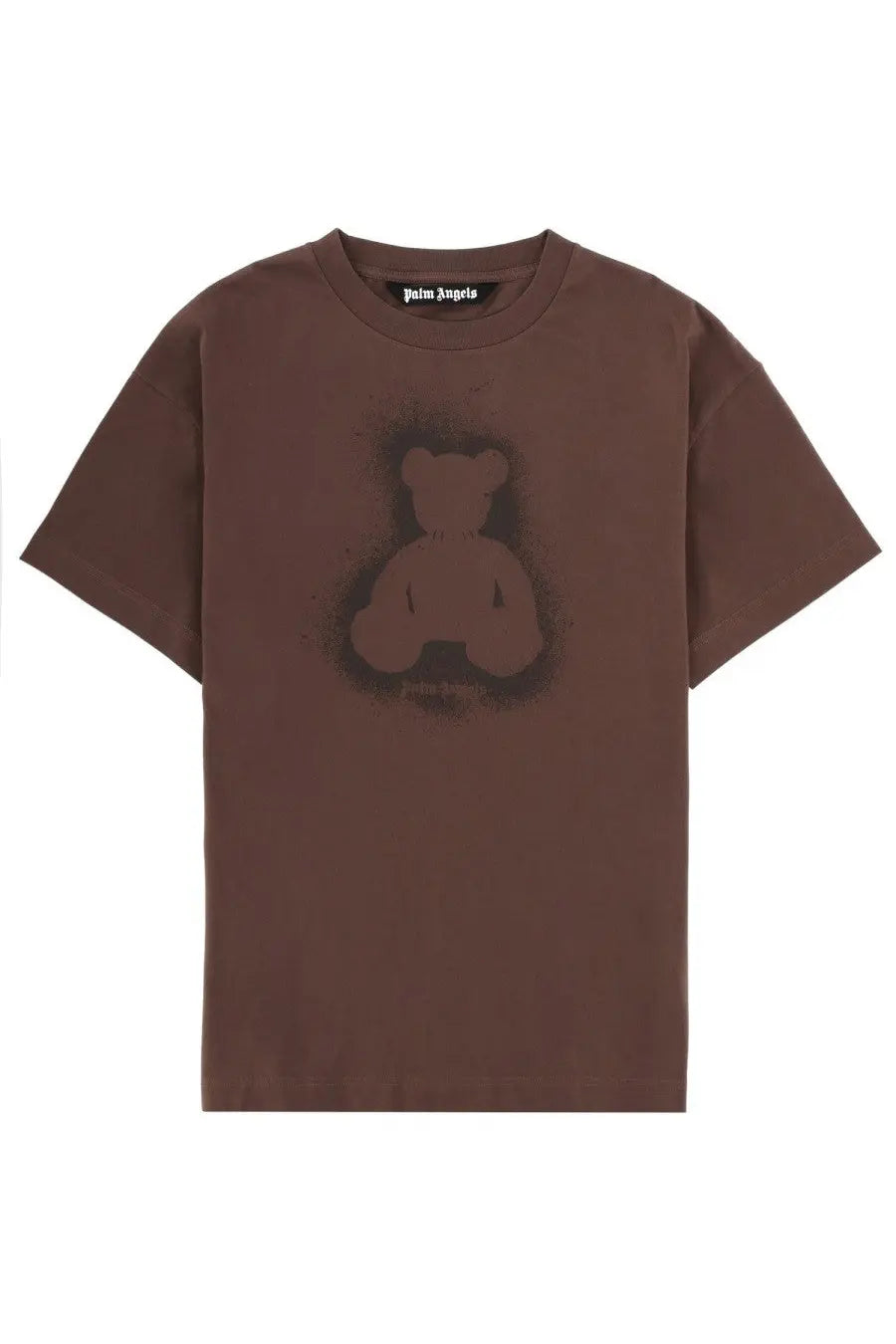 Palm angels men’s t-shirt in brown featuring a faded spray-painted bear graphic on the front