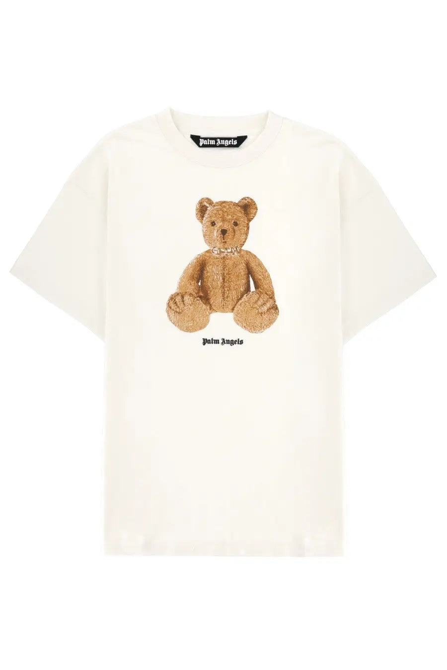 Cream palm angels men shirt featuring detailed brown teddy bear graphic with sparkling embellishments and logo below