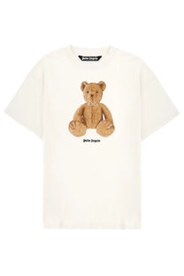 Cream palm angels men shirt featuring detailed brown teddy bear graphic with sparkling embellishments and logo below