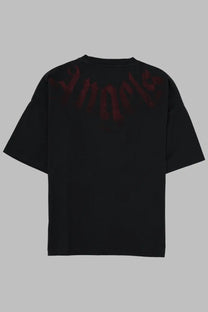 Palm Angels men’s black oversized cotton t-shirt with faded red graphic across the shoulders back side view