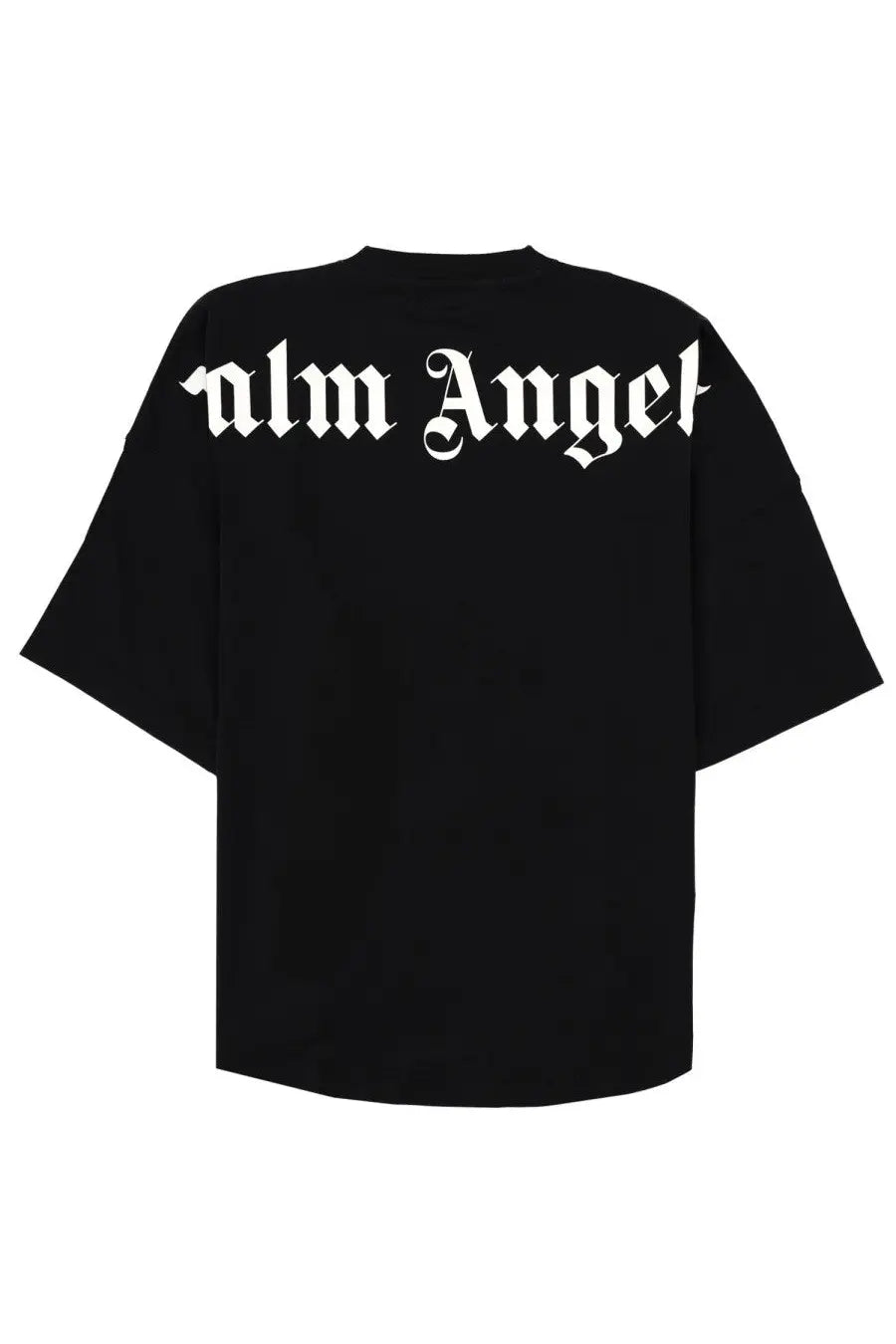 Palm angels men’s black shirt con featuring white gothic-style lettering across the back of the t-shirt