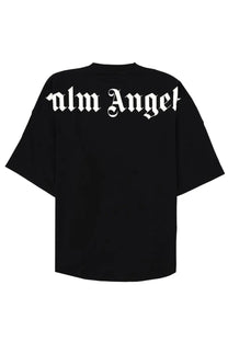 Palm angels men’s black shirt con featuring white gothic-style lettering across the back of the t-shirt