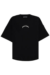 Black palm angels mens t shirt with white embroidered logo on chest and collar in cotton material
