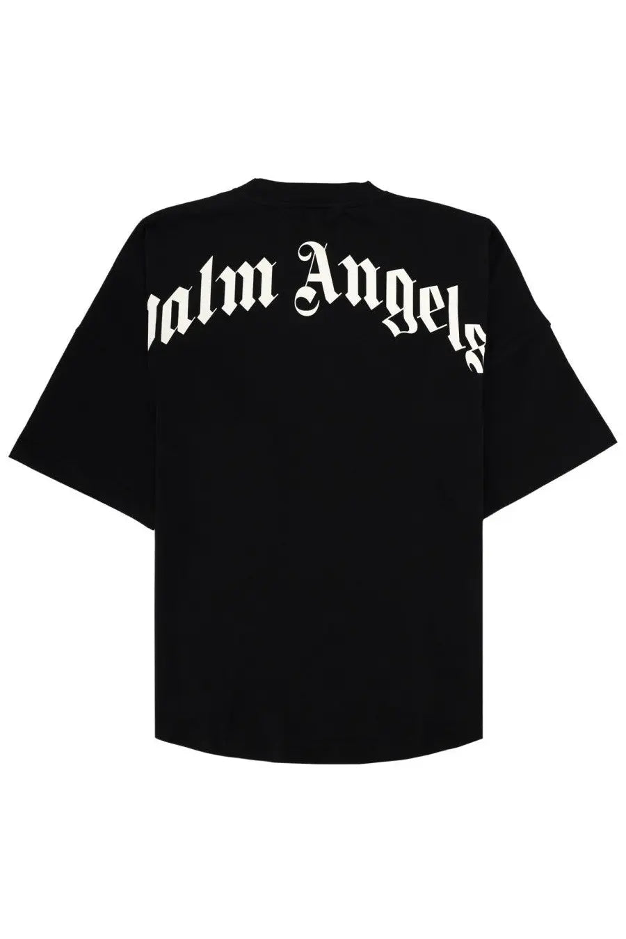 Black palm angels men’s t-shirt with white gothic-style lettering on the back in con black color