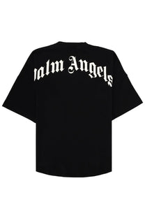 Black palm angels men’s t-shirt with white gothic-style lettering on the back in con black color