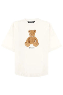 Cream-colored palm angels men’s t-shirt with brown embroidered teddy bear and brand name printed below