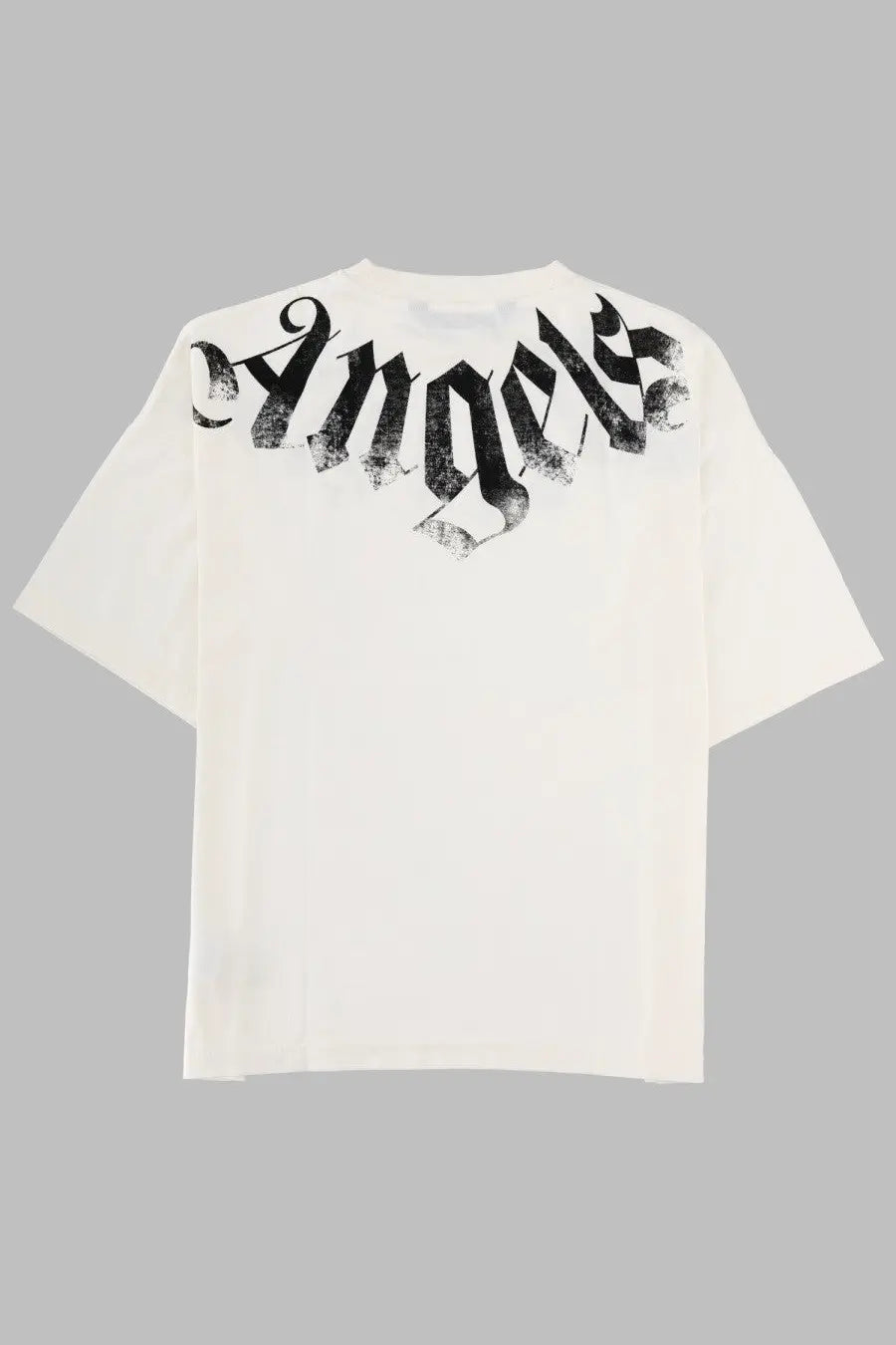 Off-white short-sleeved palm angels shirt with bold black distressed angels graphic across the shoulders