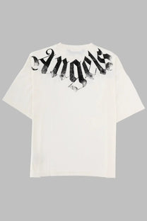Off-white short-sleeved palm angels shirt with bold black distressed angels graphic across the shoulders