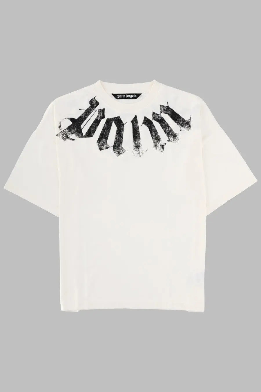 Palm angels men’s white t-shirt with bold black distressed palm logo across the chest in cotton material
