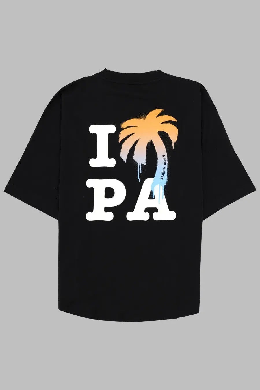 Black cotton palm angels men’s t-shirt with bold white i pa graphic and gradient palm tree design on front