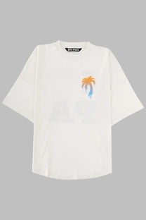 White palm angels men’s shirt in cotone white with gradient palm tree graphic and orange blue drips