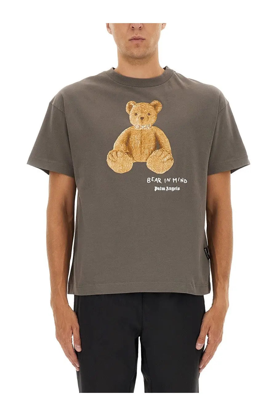 Palm Angels men’s grey short-sleeved t-shirt with textured golden bear graphic and bear in mind text on front