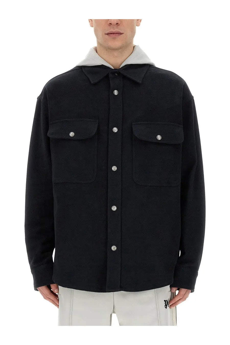 Palm Angels men’s shirt jacket black with contrasting light gray hood and silver toned buttons