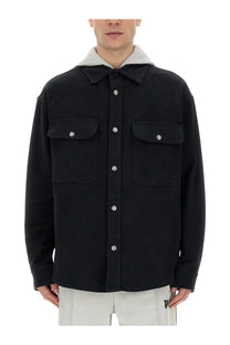 Palm Angels men’s shirt jacket black with contrasting light gray hood and silver toned buttons