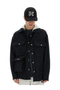 Black palm angels men’s shirt jacket with white embroidered logo on the back in a sleek cotton blend material