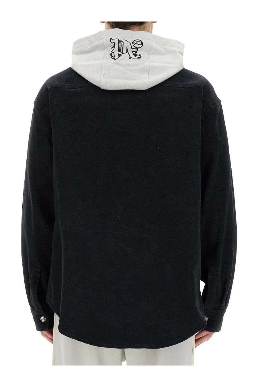 Palm Angels men’s black shirt jacket with a contrasting white hood and embroidered black logo on the front