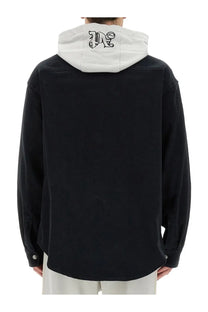Palm Angels men’s black shirt jacket with a contrasting white hood and embroidered black logo on the front