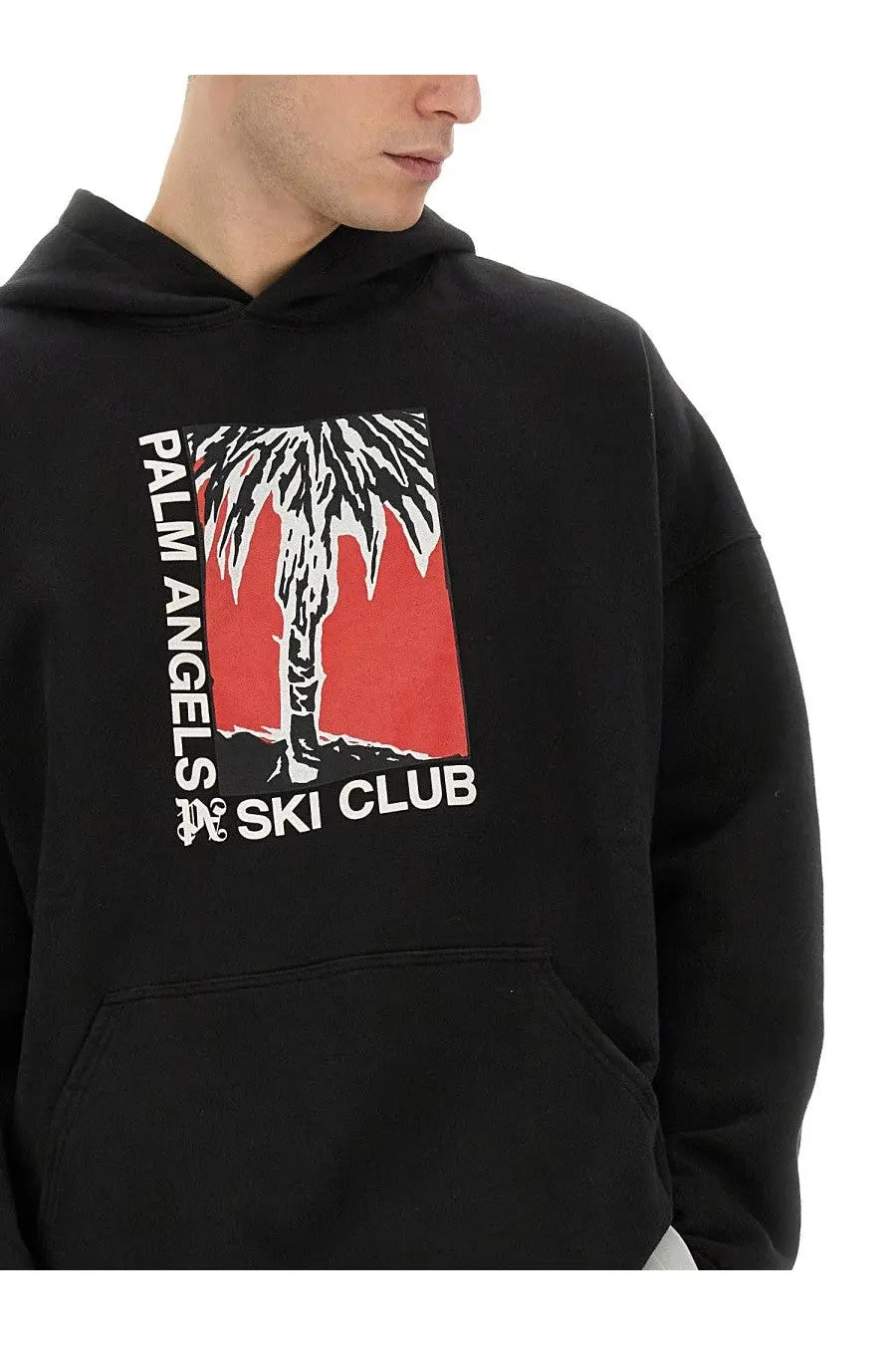 Black palm angels men’s palm ski club print sweatshirt featuring a bold red and white palm tree graphic