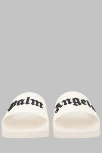 Palm angels men’s white slide sandals with black embroidered lettering on the upper strap