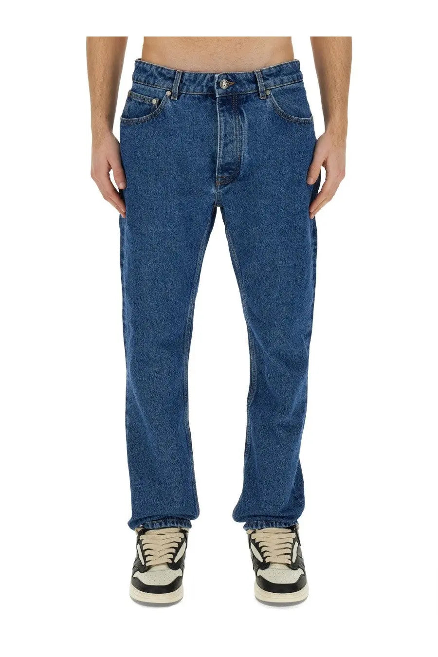 Classic medium-wash blue denim Palm Angels men’s straight leg jeans with traditional five-pocket design