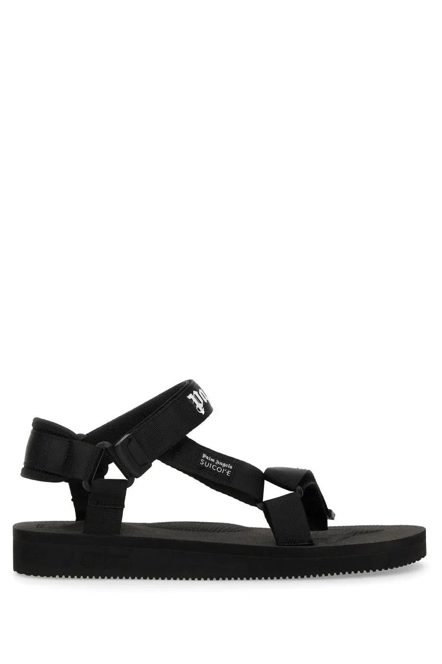 Black canvas strap palm angels men’s suicoke sandal with minimalist design and palm angels logo embroidered on side