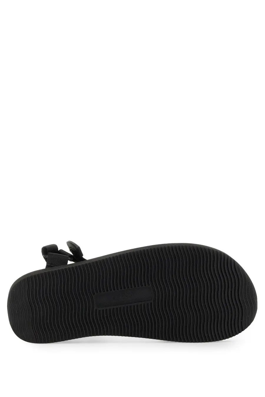 Black rubber sole with wavy tread pattern and rectangular patch on back side of palm angels men’s suicoke sandal black