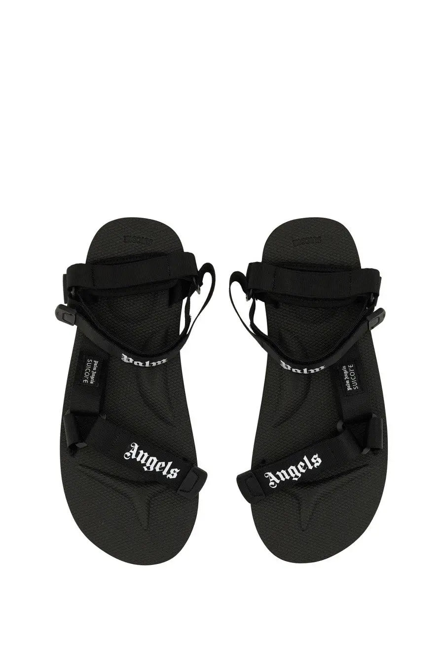 Black palm angels men’s suicoke sandals with white embroidered branding on black straps made of durable material