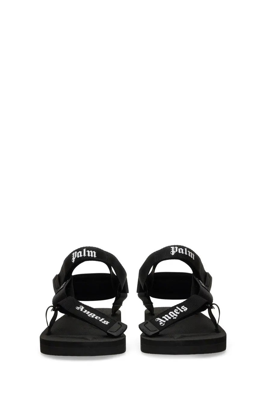 Black palm angels mens suede palm angels suicoke sandals with white lettering on straps front view