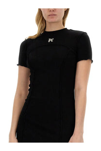 Palm Angels women’s dress black fitted short-sleeved with subtle side ruching in a form-fitting silhouette