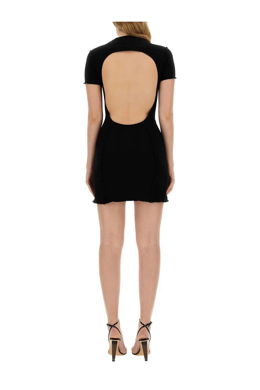 Black palm angels women’s short-sleeved mini dress with back cutout showing the back side of the dress