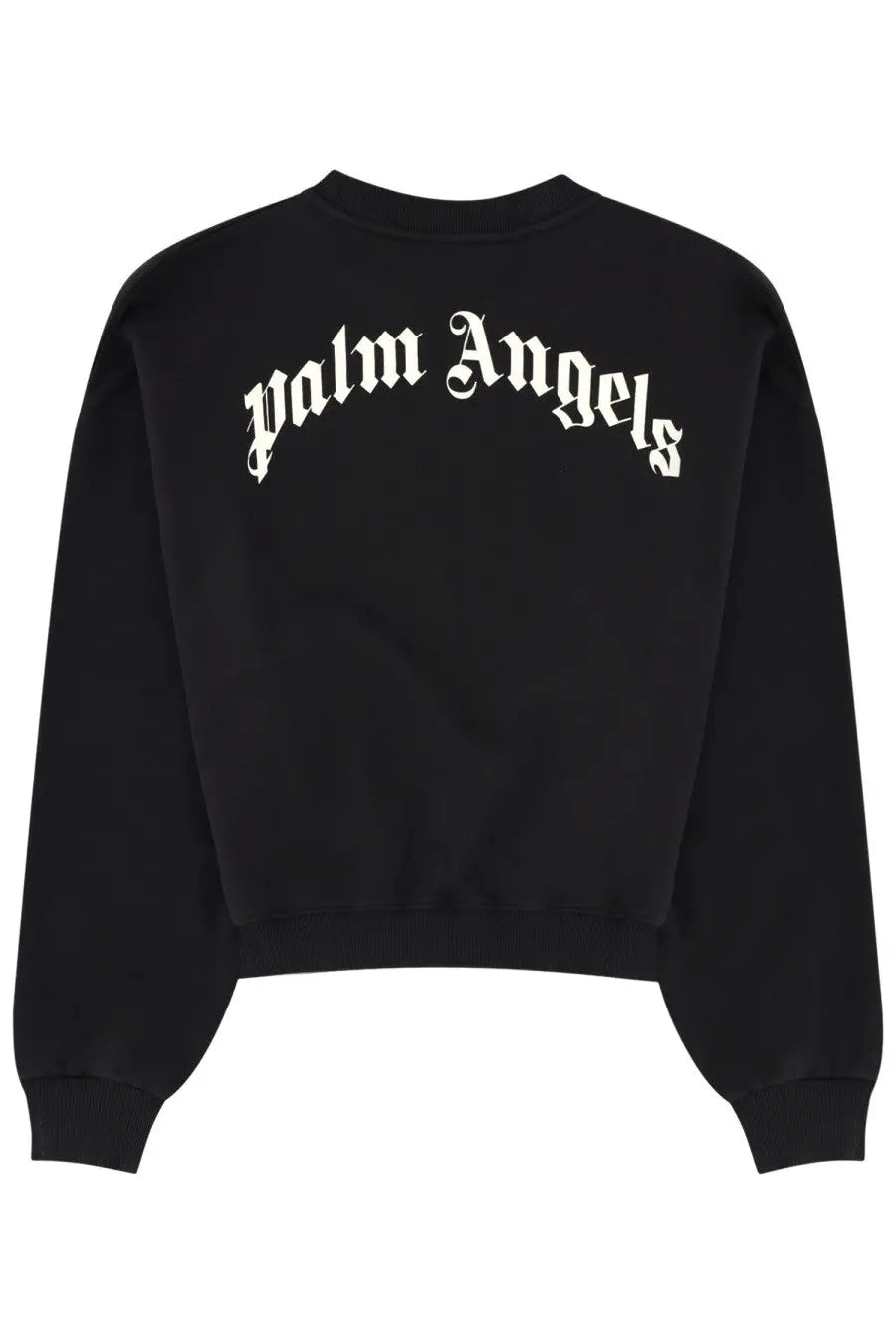 Back view of black palm angels felpa crop con sweatshirt with white gothic lettering on soft fabric