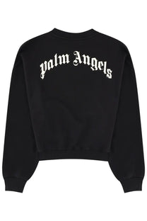 Back view of black palm angels felpa crop con sweatshirt with white gothic lettering on soft fabric