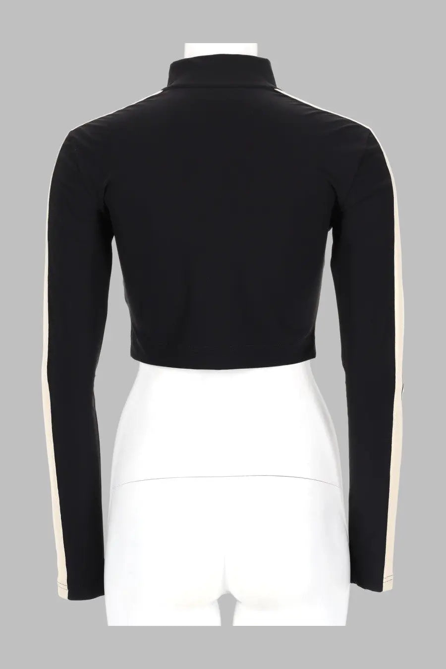 Palm Angels women’s giacca training con black long-sleeved crop top with white vertical stripes on the arms