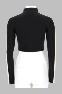 Palm Angels women’s giacca training con black long-sleeved crop top with white vertical stripes on the arms