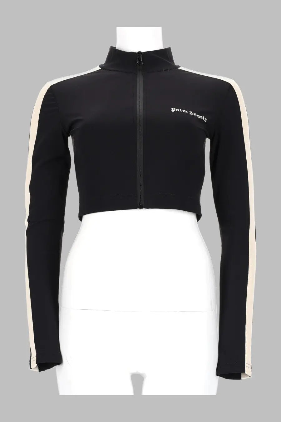Palm Angels women’s black long-sleeved zip-up crop top with cream side stripes and white embroidered logo on chest