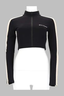 Palm Angels women’s black long-sleeved zip-up crop top with cream side stripes and white embroidered logo on chest