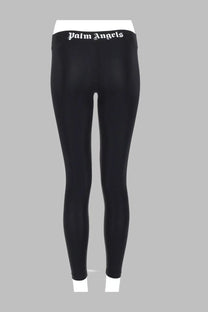 Black palm angels women’s sportivo leggings with white waistband and black logo lettering front view