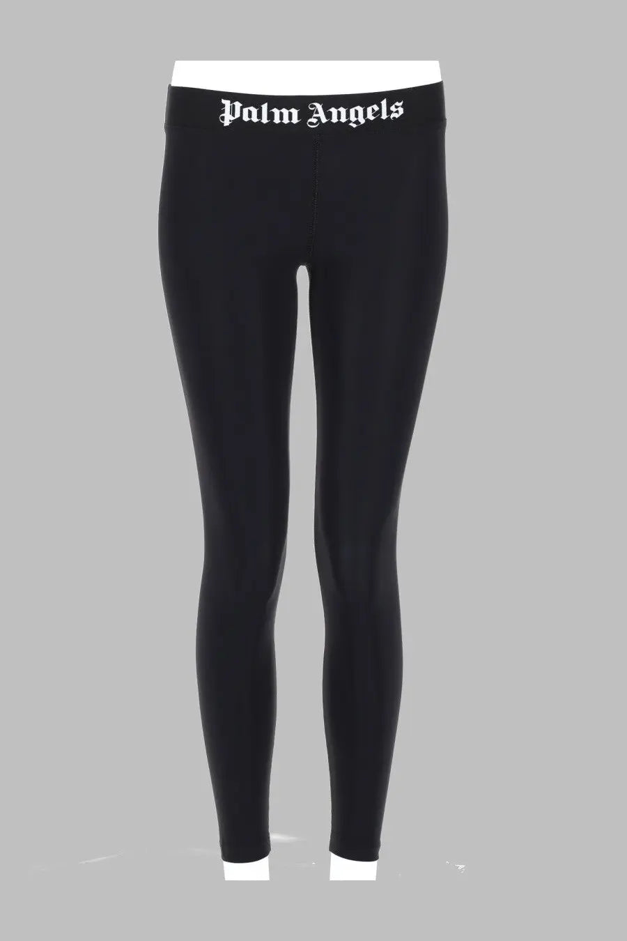 Palm Angels women’s black sportivo leggings with white logo across the waistband in stretchy athletic fabric